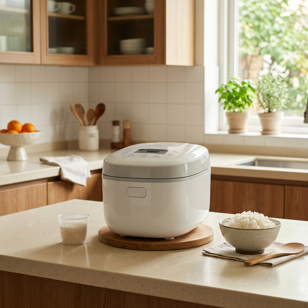 White rice cooker beside uncooked grains and bowl of cooked rice