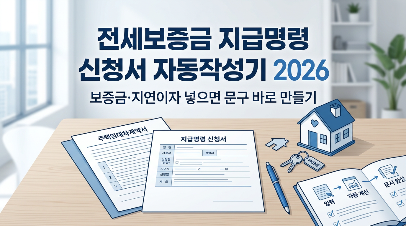 전세보증금 지급명령 신청서 자동작성기 2026, 보증금·지연이자 넣으면 문구 바로 만들기, 입력·자동 계산·문서 완성