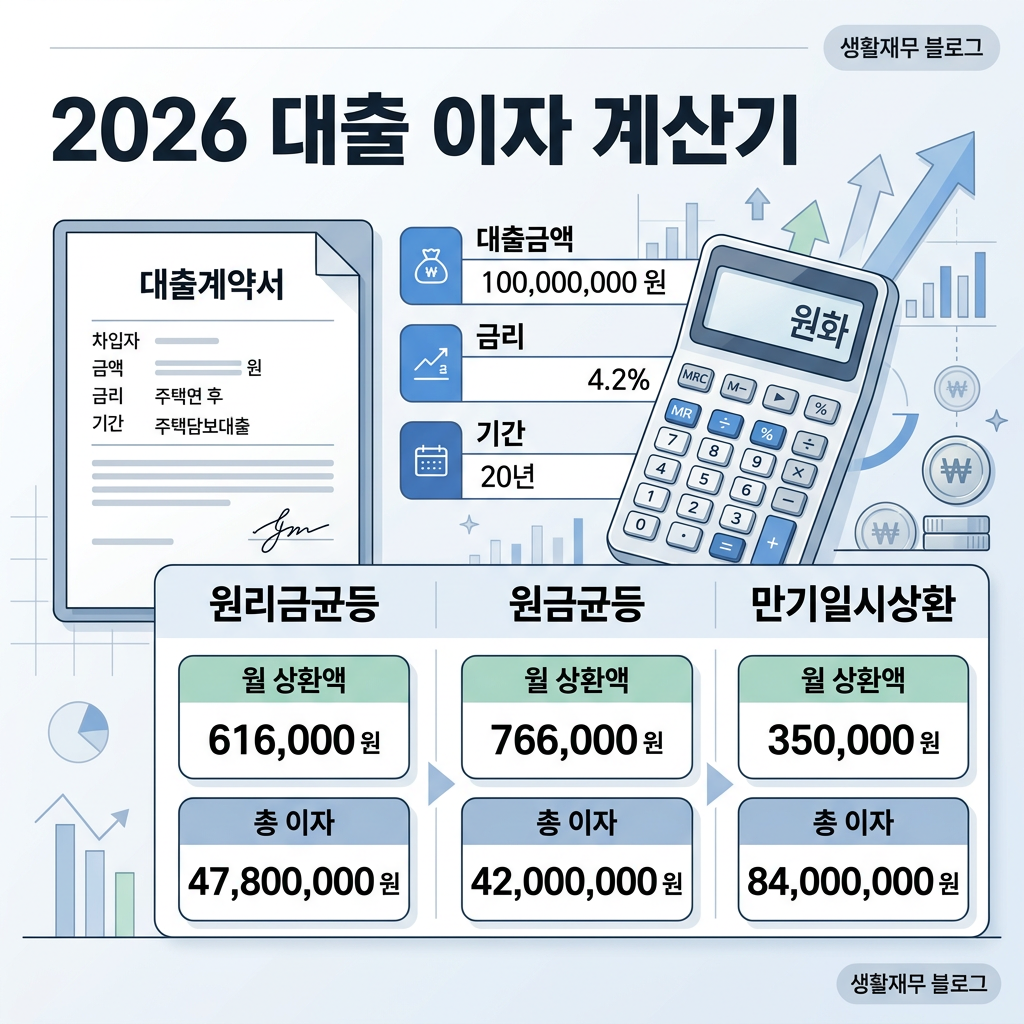 대출 이자 계산기 2026｜대출금·금리·기간 넣으면 월 상환액 자동계산