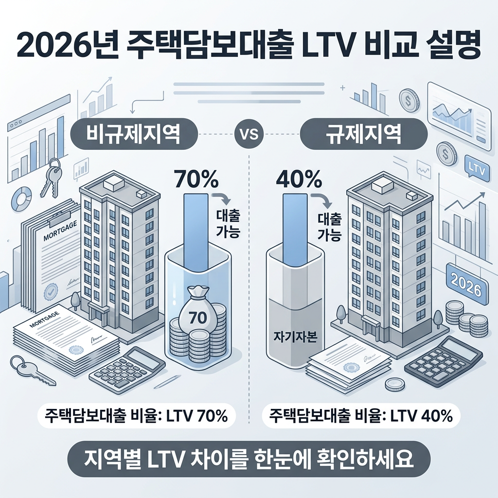 주택담보대출 LTV 2026 규제지역 40% 비규제지역 70% 계산방법