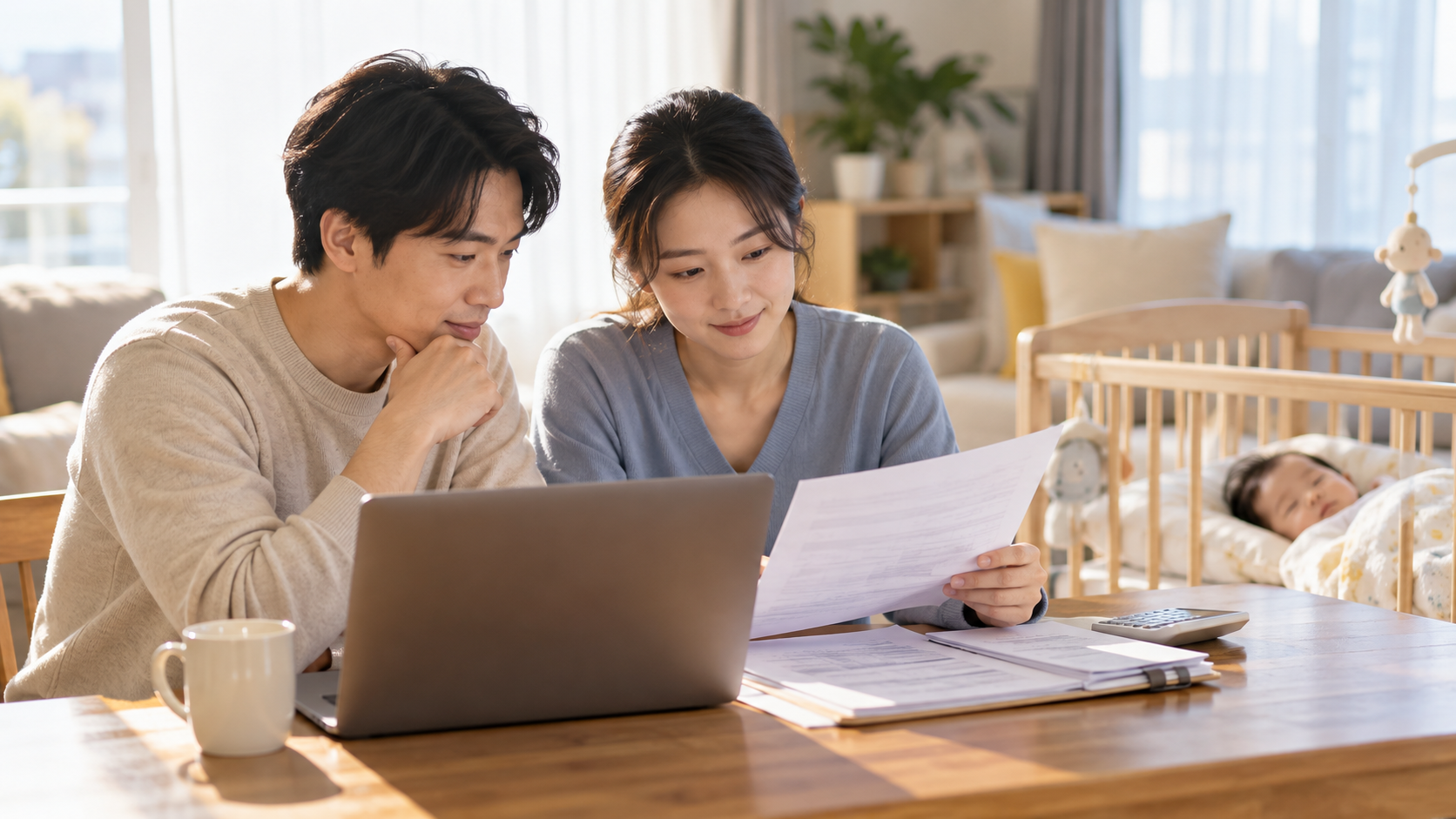 한국인 부모가 아기 옆에서 노트북과 서류를 보며 2026년 부모급여 신청과 양육비를 함께 확인하는 장면