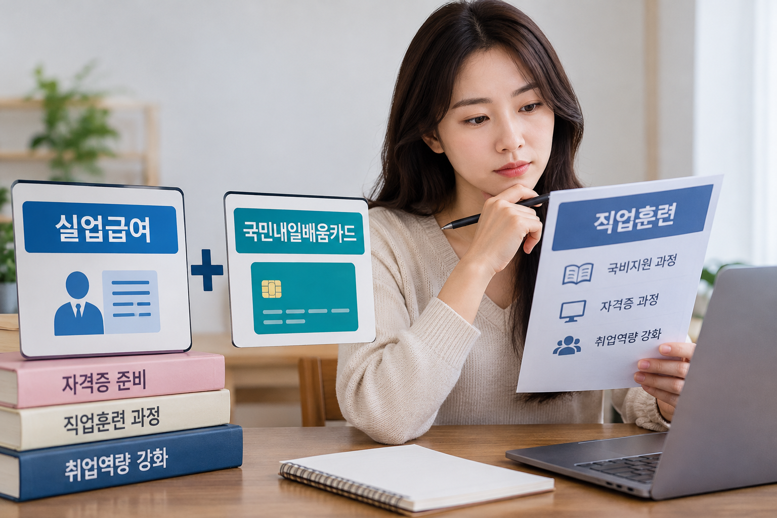 실업급여와 국민내일배움카드의 직업훈련 가능 여부를 비교하며 취업훈련 안내자료를 살펴보는 한국 여성의 모습