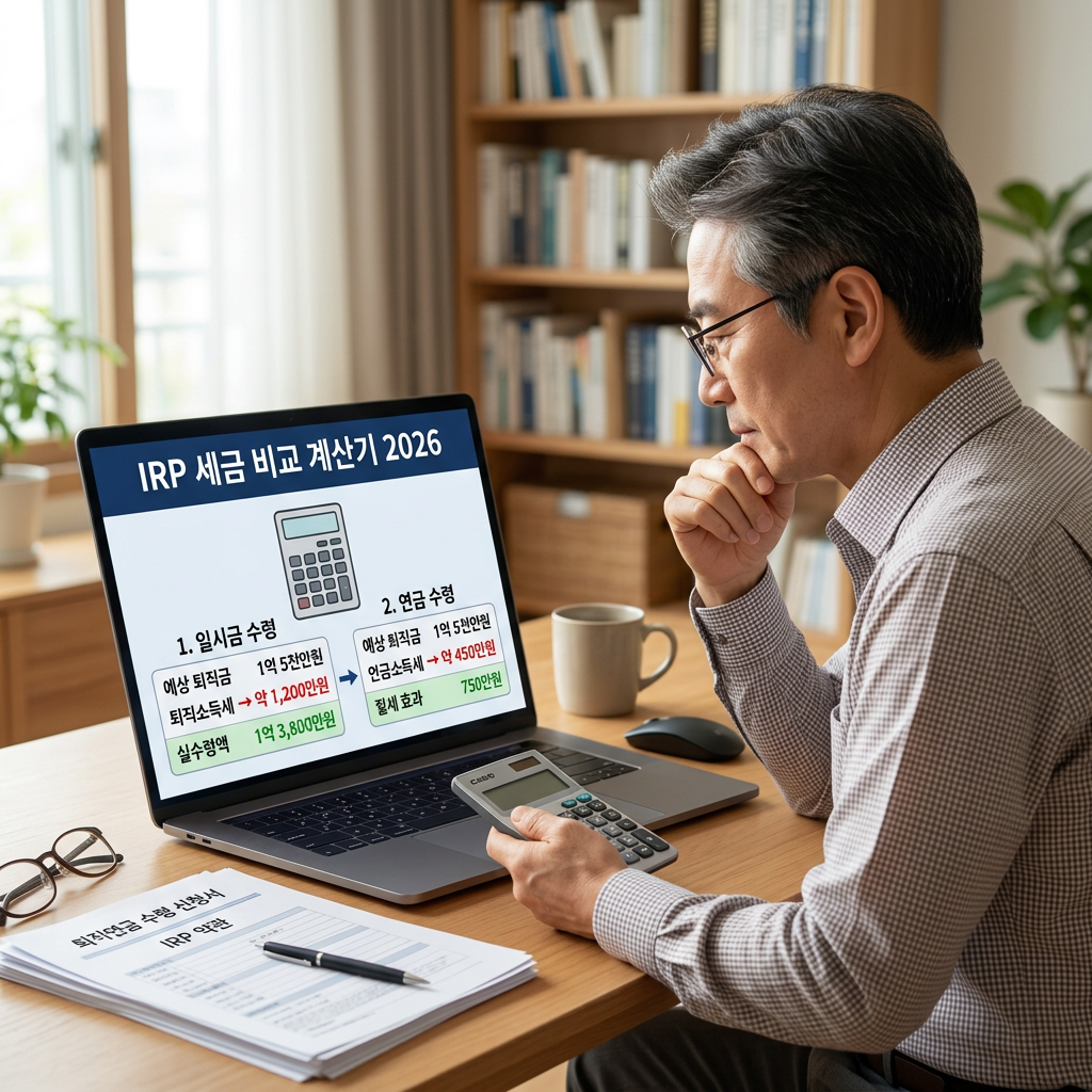IRP 일시금·연금 세금 비교 계산기 2026｜퇴직소득세 얼마나 줄어들까?